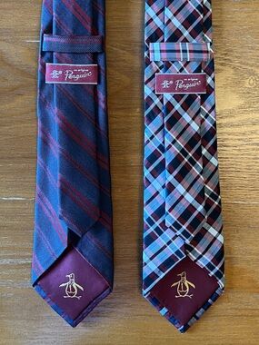 2x Original Penguin Silk Ties Bundle Navy Stripe + Plaid Classic Preppy